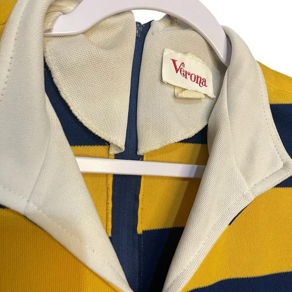 Verona Long Sleeve Knee Length Dress Women's 10 Yellow Blue Striped VTG Preppy